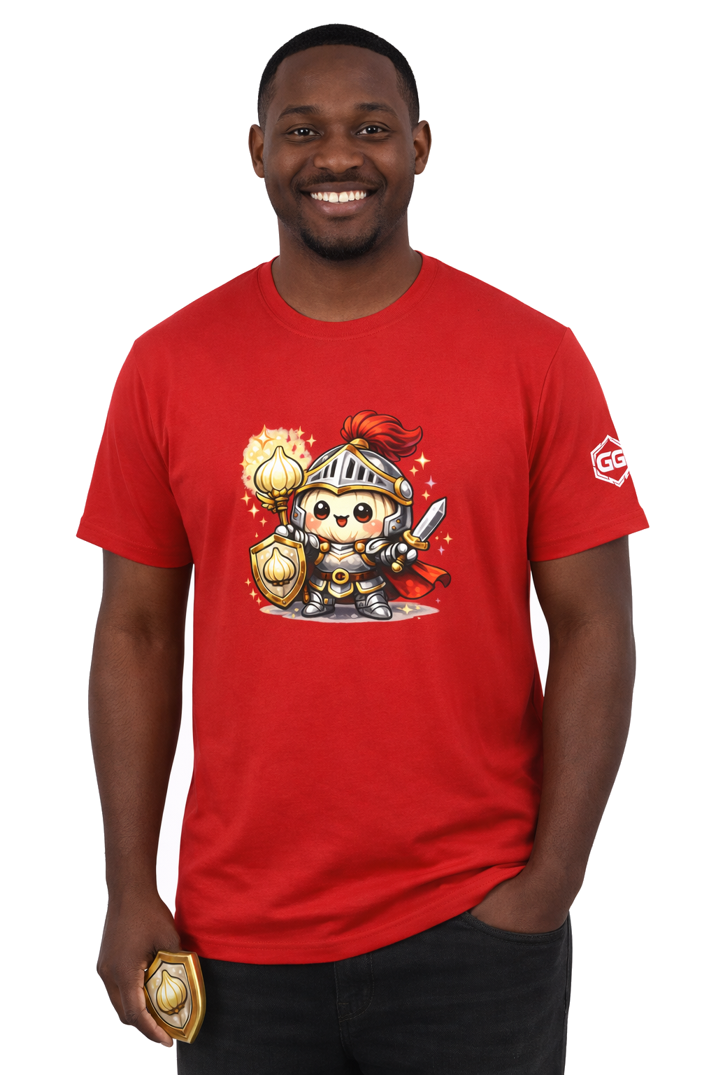 model:10:m | Knoblauch Ritter T-Shirt – Model photo in Red – Man