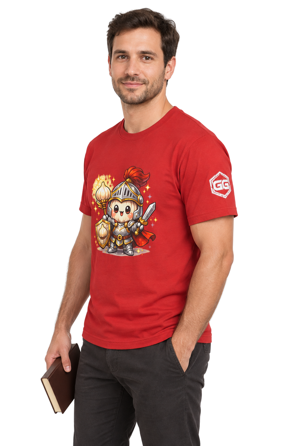 model:10:m | Knoblauch Ritter T-Shirt – Modelfoto in Rot – Mann