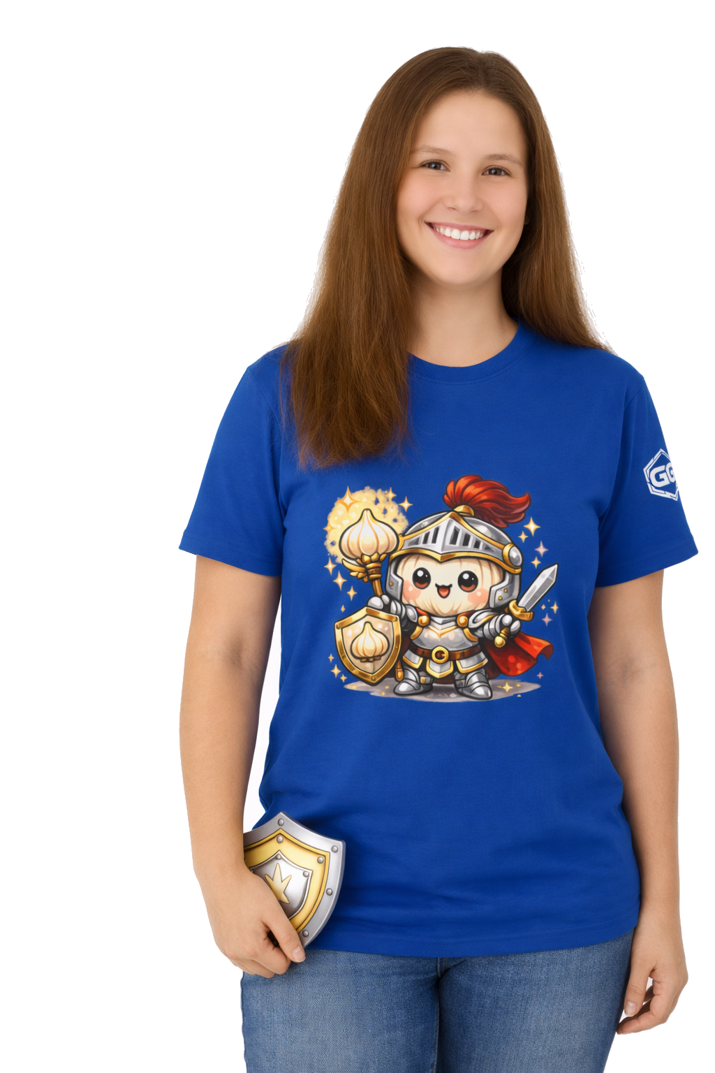 model:8:f | Knoblauch Ritter T-Shirt – Model photo in Royal – Woman