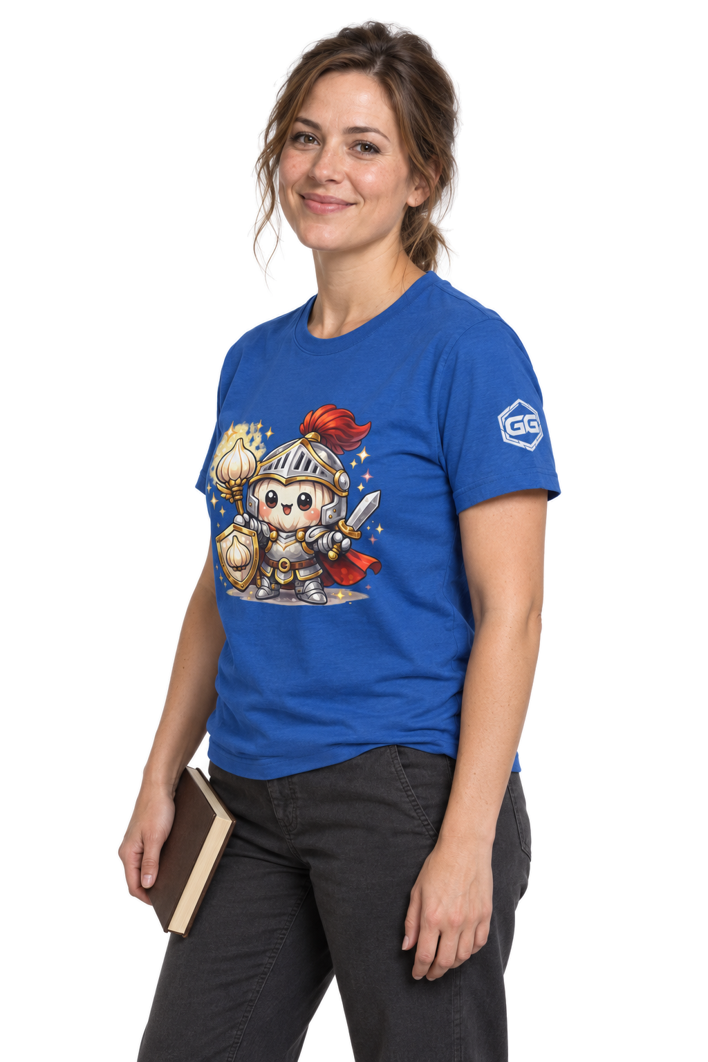 model:8:f | Knoblauch Ritter T-Shirt – Modelfoto in Royalblau – Frau