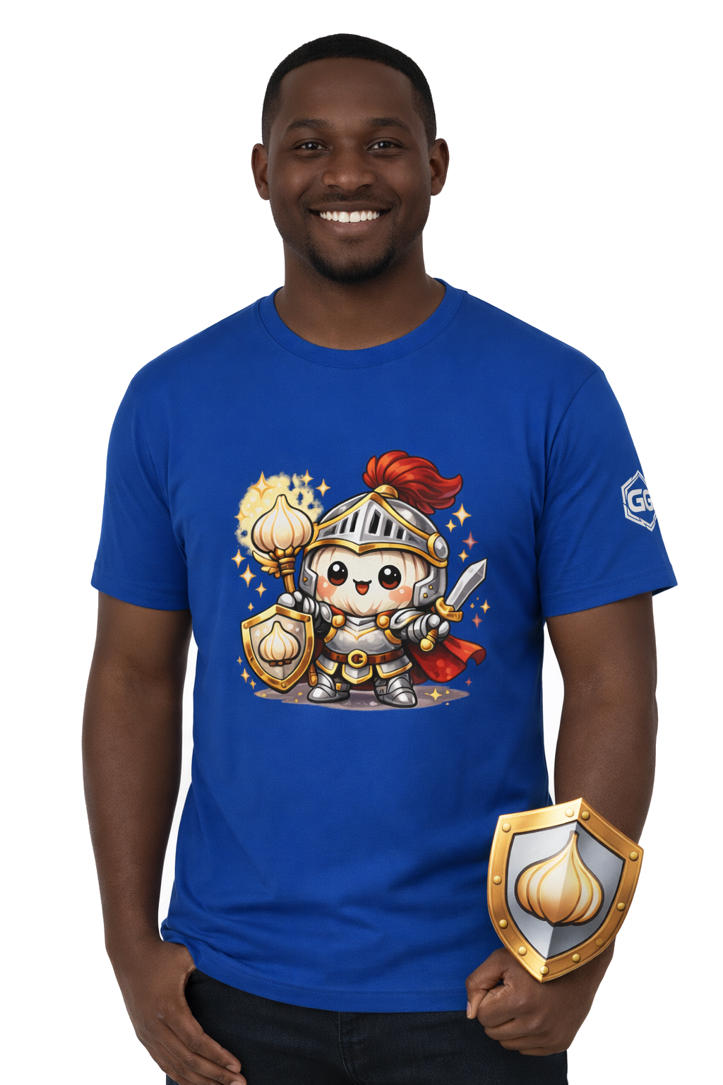 model:8:m | Knoblauch Ritter T-Shirt – Model photo in Royal – Man