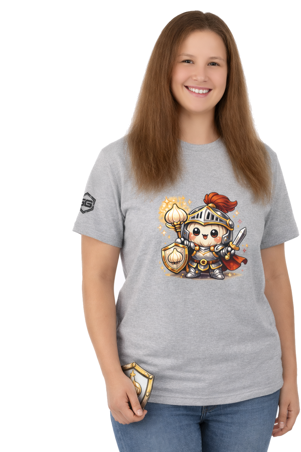 model:2:f | Knoblauch Ritter T-Shirt – Model photo in Sport Grey – Woman