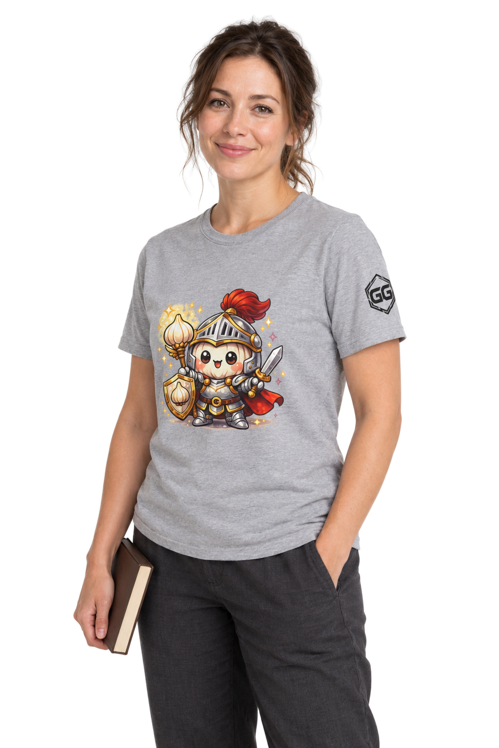 model:2:f | Knoblauch Ritter T-Shirt – Modelfoto in Sportgrau – Frau