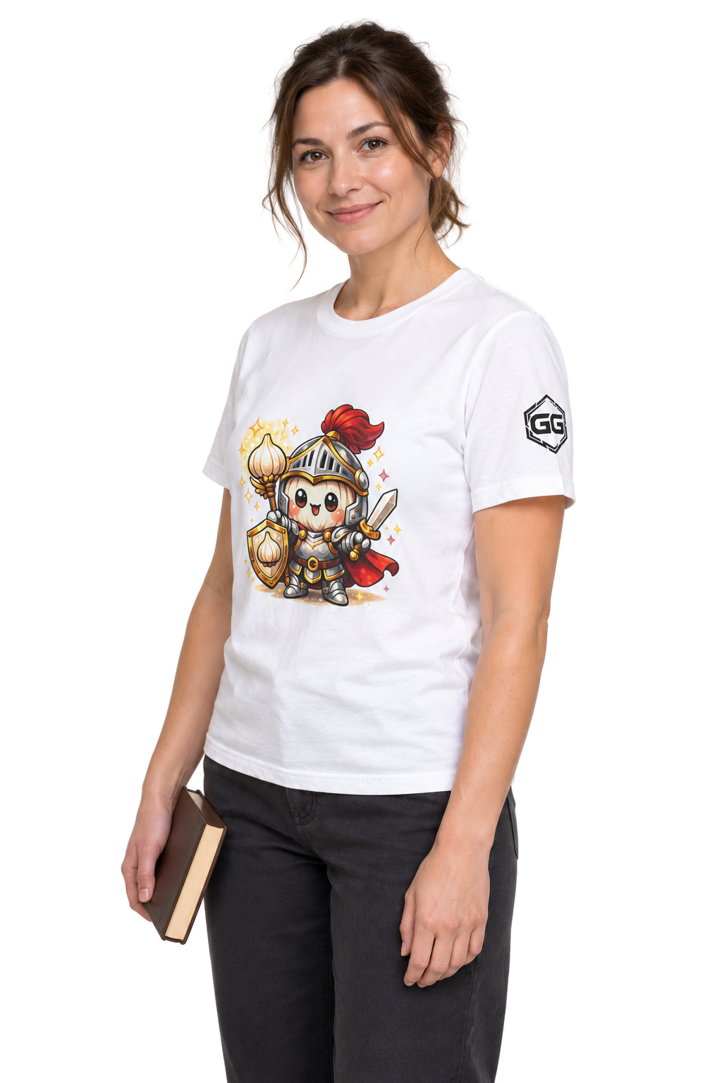 model:0:f | Knoblauch Ritter T-Shirt – Modelfoto in Weiß – Frau