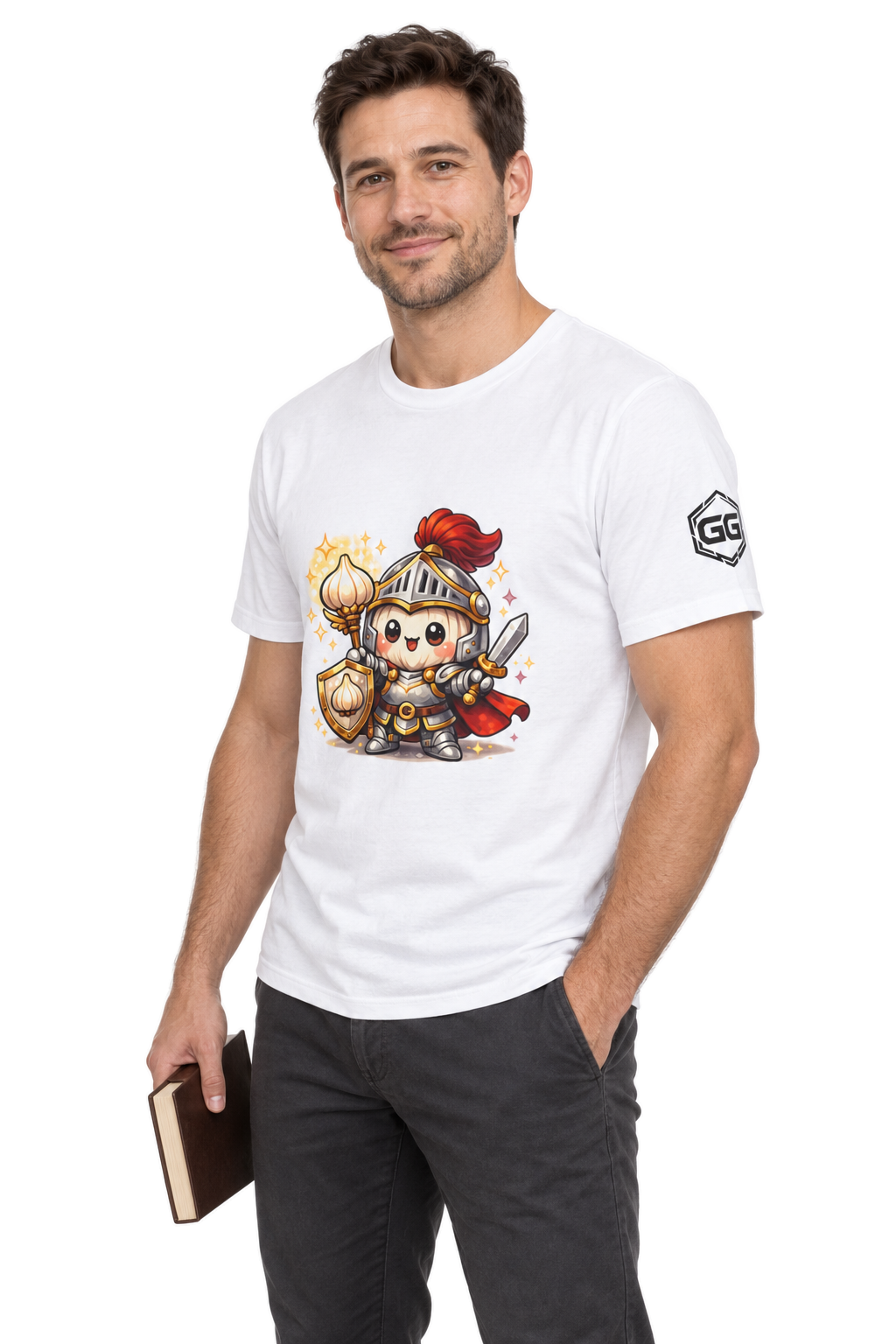 model:0:m | Knoblauch Ritter T-Shirt – Modelfoto in Weiß – Mann