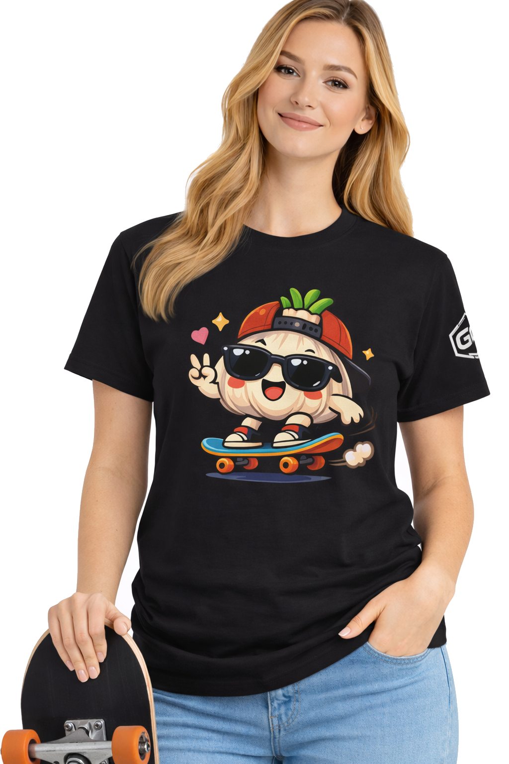 model:1:f | Knoblauch Skater T-Shirt – Modelfoto in Schwarz – Frau