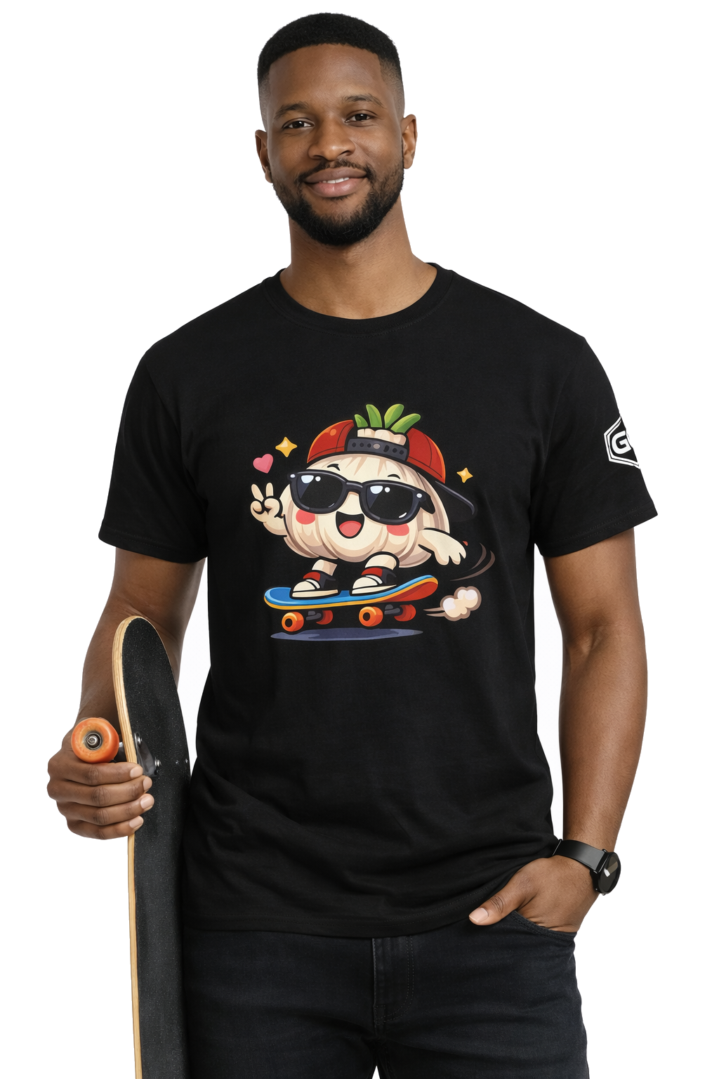 model:1:m | Knoblauch Skater T-Shirt – Modelfoto in Schwarz – Mann