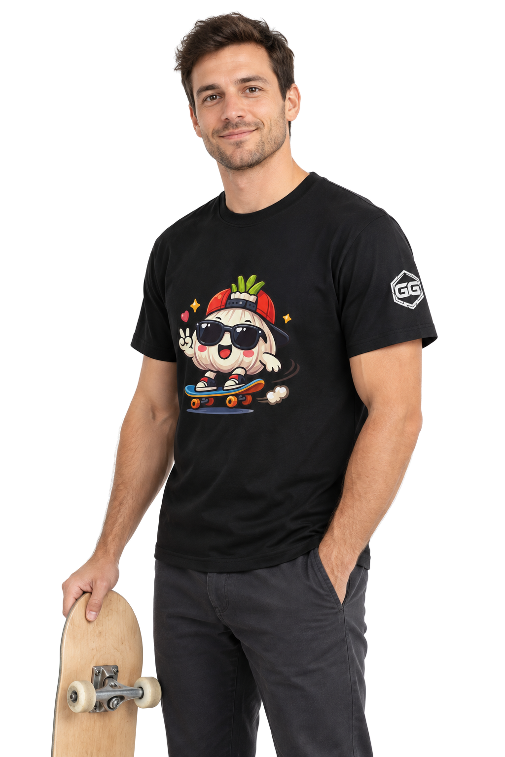 model:1:m | Knoblauch Skater T-Shirt – Modelfoto in Schwarz – Mann