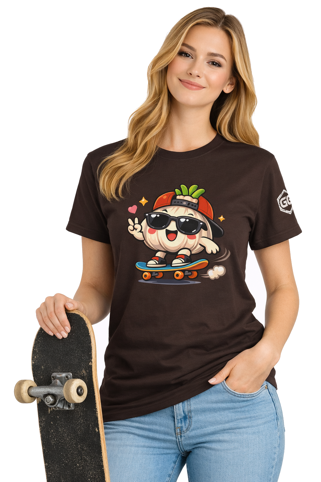 model:3:f | Knoblauch Skater T-Shirt – Modelfoto in Dunkelbraun – Frau