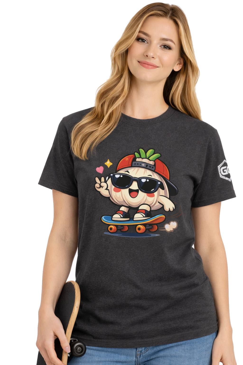 model:6:f | Knoblauch Skater T-Shirt – Modelfoto in Dunkelmeliert – Frau