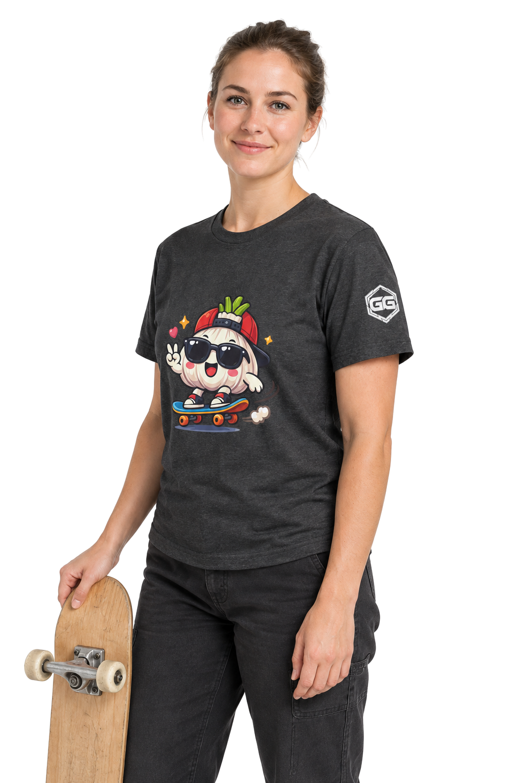 model:6:f | Knoblauch Skater T-Shirt – Modelfoto in Dunkelmeliert – Frau