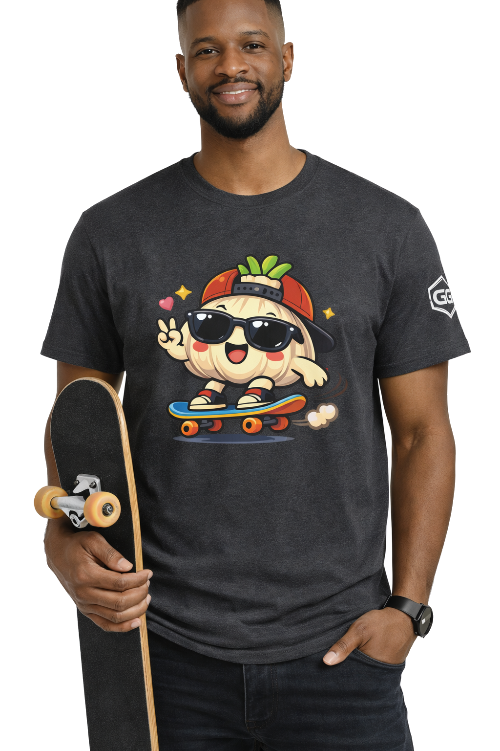 model:6:m | Knoblauch Skater T-Shirt – Modelfoto in Dunkelmeliert – Mann