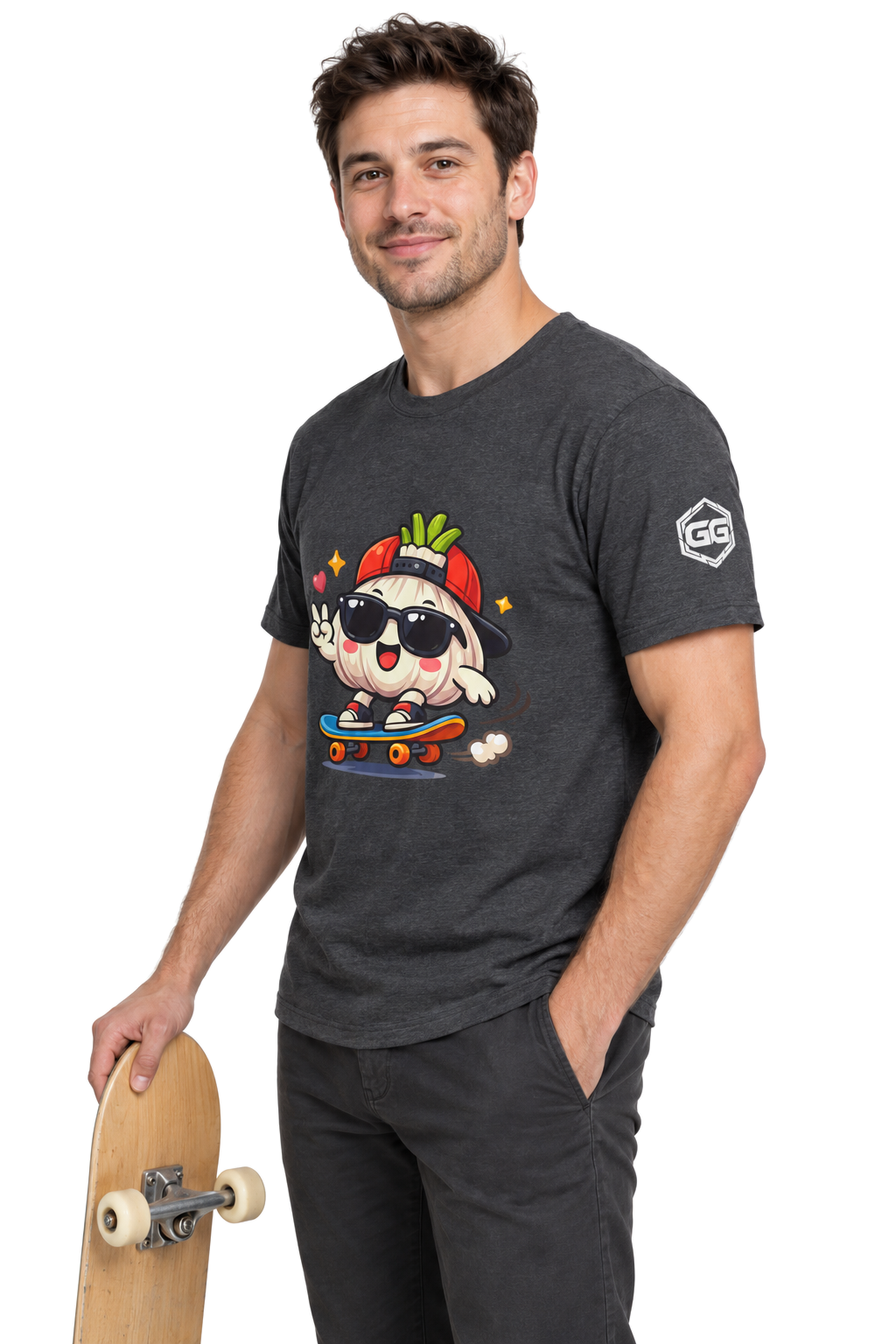 model:6:m | Knoblauch Skater T-Shirt – Modelfoto in Dunkelmeliert – Mann