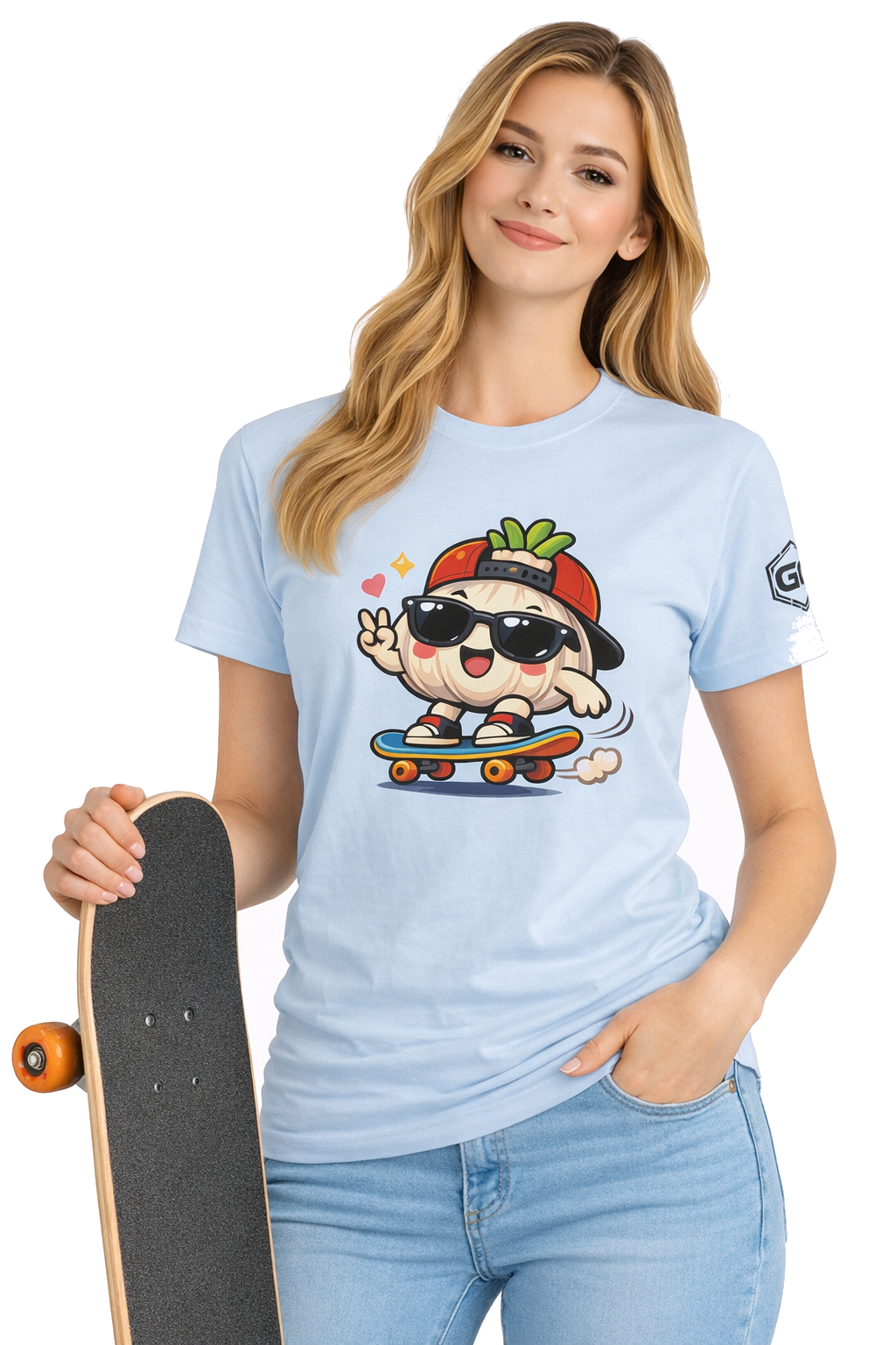 model:7:f | Knoblauch Skater T-Shirt – Modelfoto in Hellblau – Frau