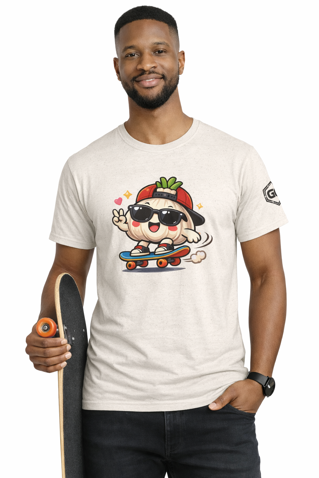 model:4:m | Knoblauch Skater T-Shirt – Modelfoto in Natur – Mann