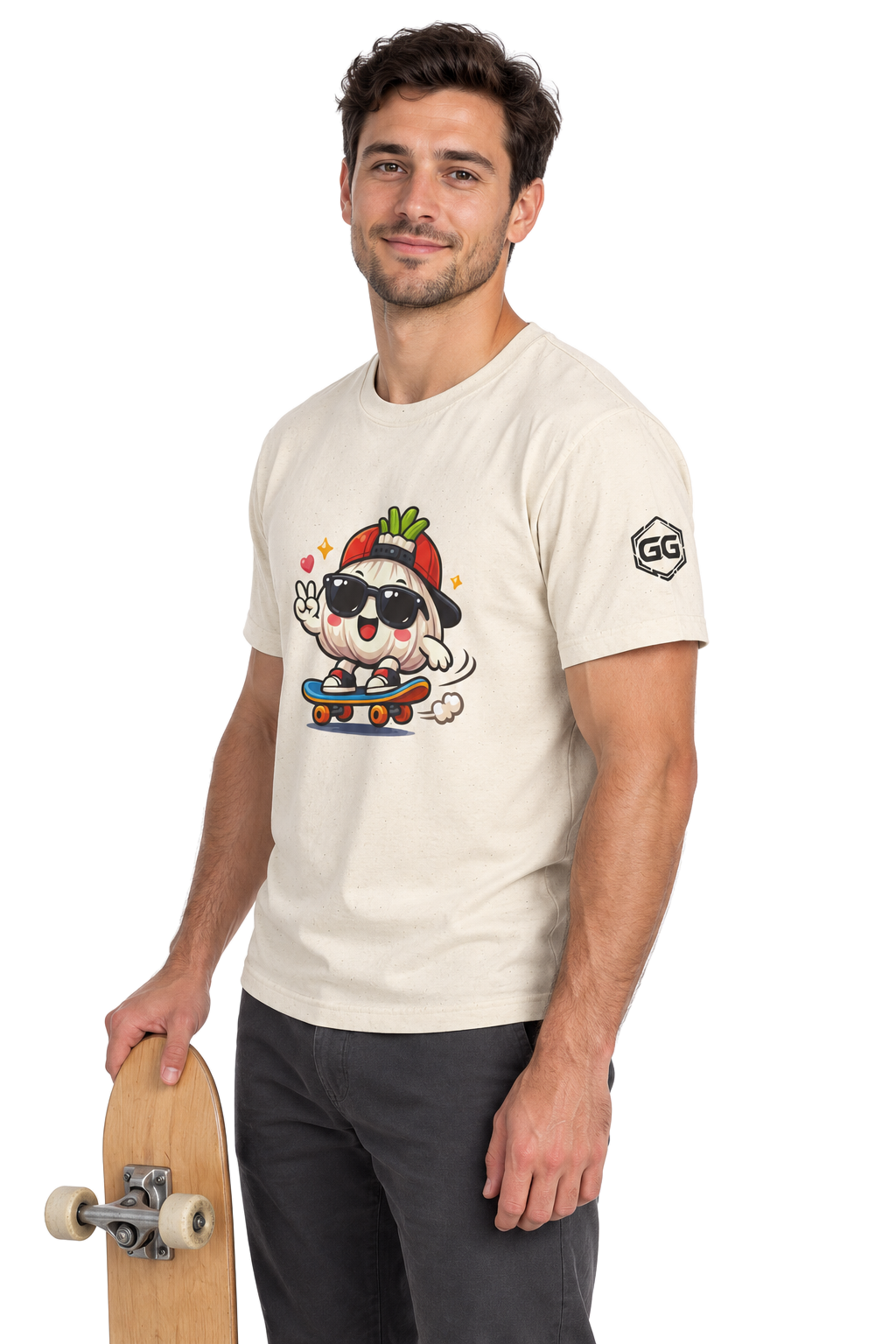 model:4:m | Knoblauch Skater T-Shirt – Modelfoto in Natur – Mann