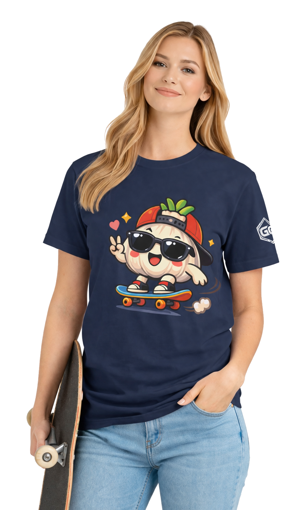 model:9:f | Knoblauch Skater T-Shirt – Modelfoto in Navy – Frau