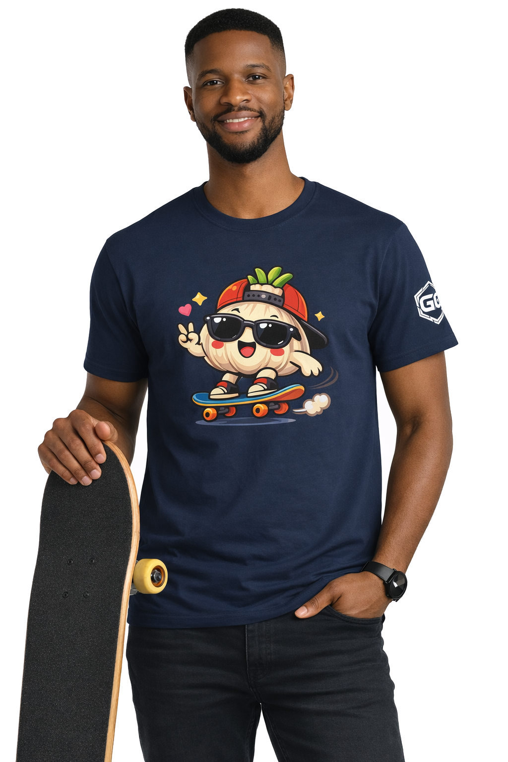 model:9:m | Knoblauch Skater T-Shirt – Modelfoto in Navy – Mann