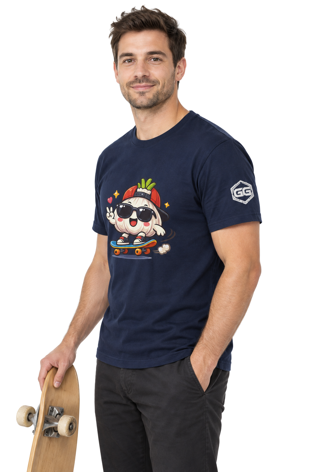 model:9:m | Knoblauch Skater T-Shirt – Modelfoto in Navy – Mann