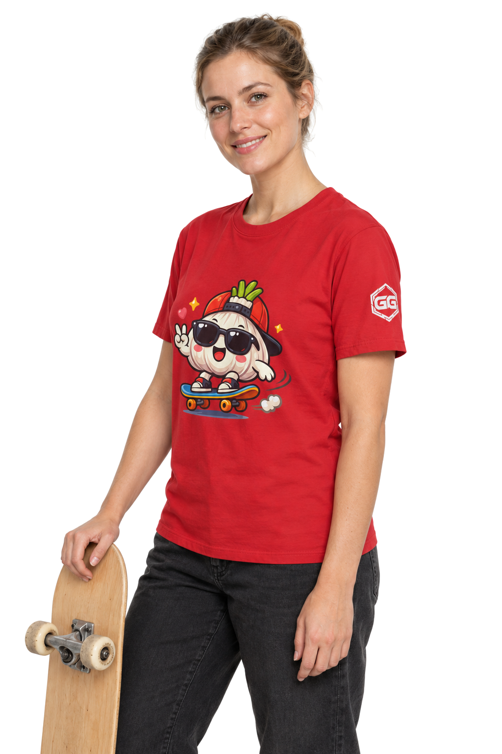 model:10:f | Knoblauch Skater T-Shirt – Modelfoto in Rot – Frau
