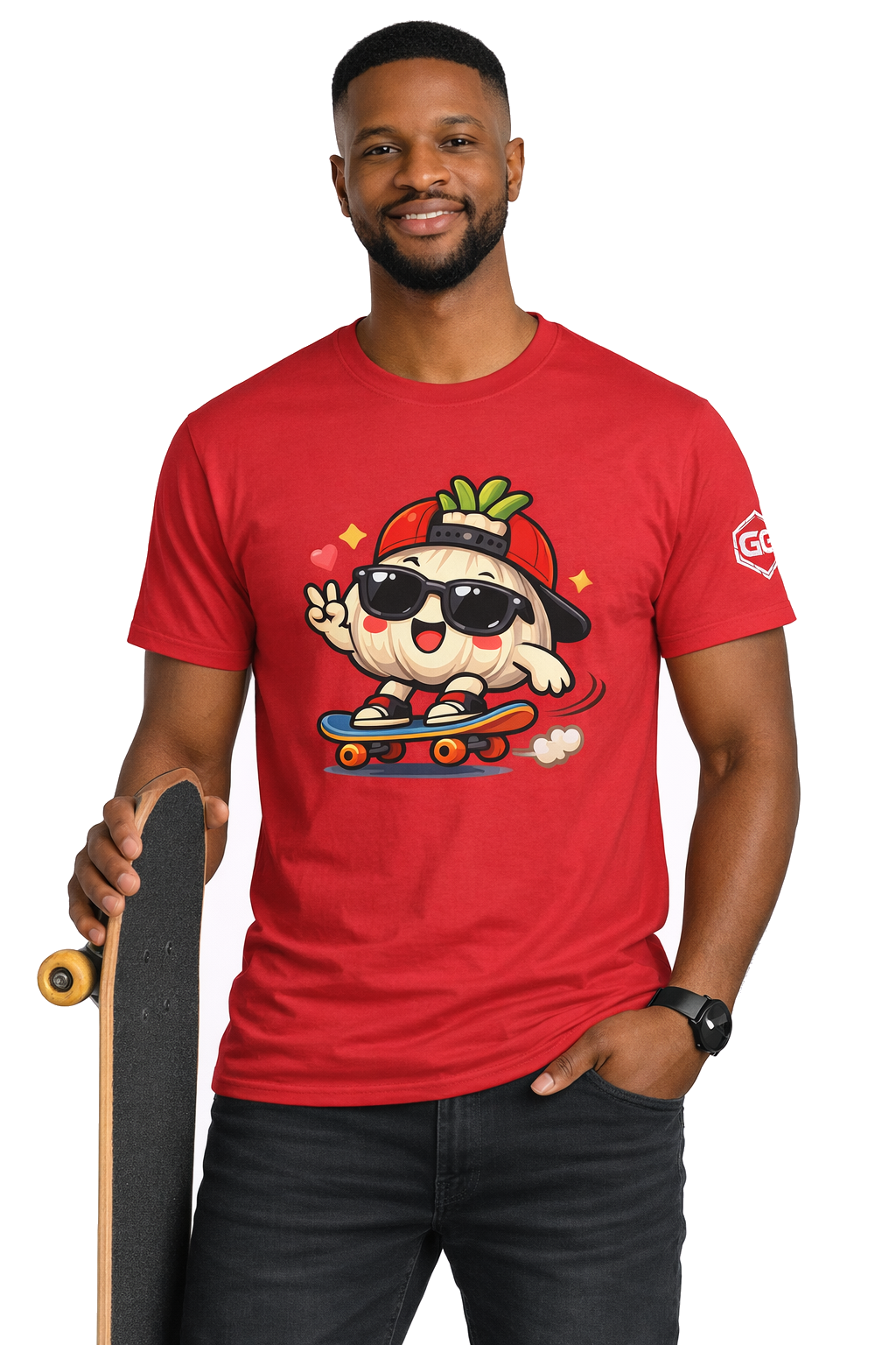 model:10:m | Knoblauch Skater T-Shirt – Modelfoto in Rot – Mann