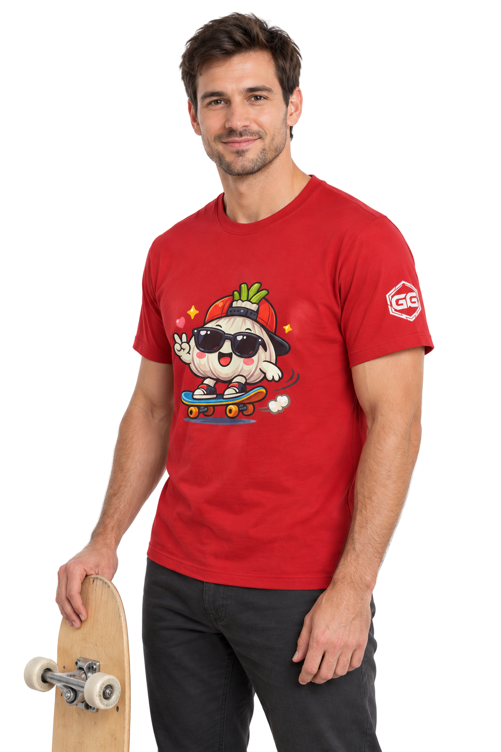model:10:m | Knoblauch Skater T-Shirt – Modelfoto in Rot – Mann