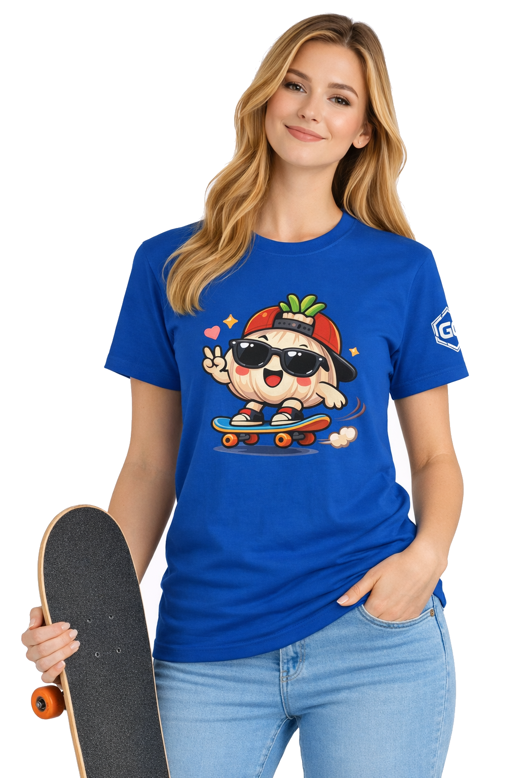 model:8:f | Knoblauch Skater T-Shirt – Modelfoto in Royalblau – Frau