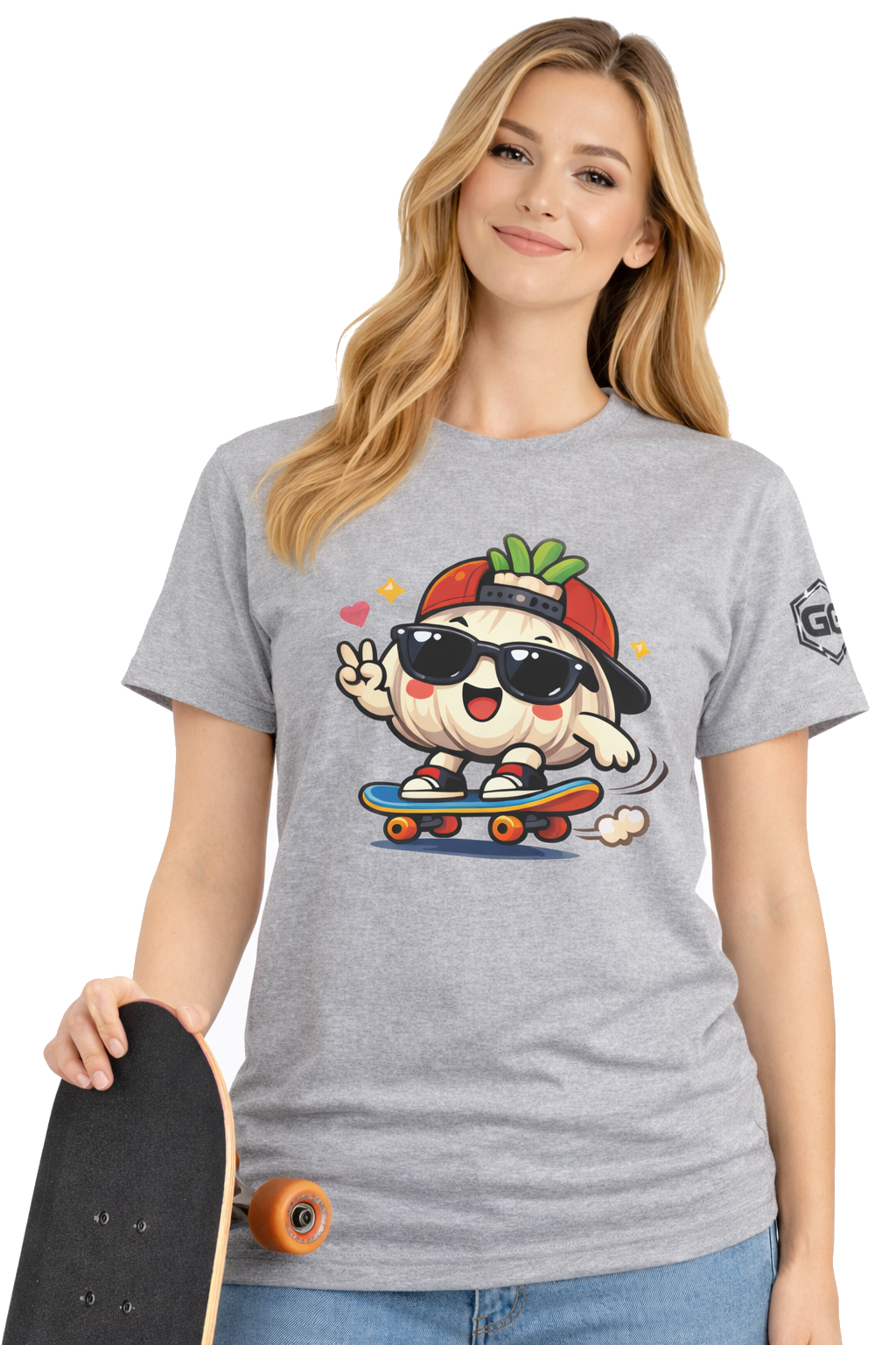 model:2:f | Knoblauch Skater T-Shirt – Modelfoto in Sportgrau – Frau