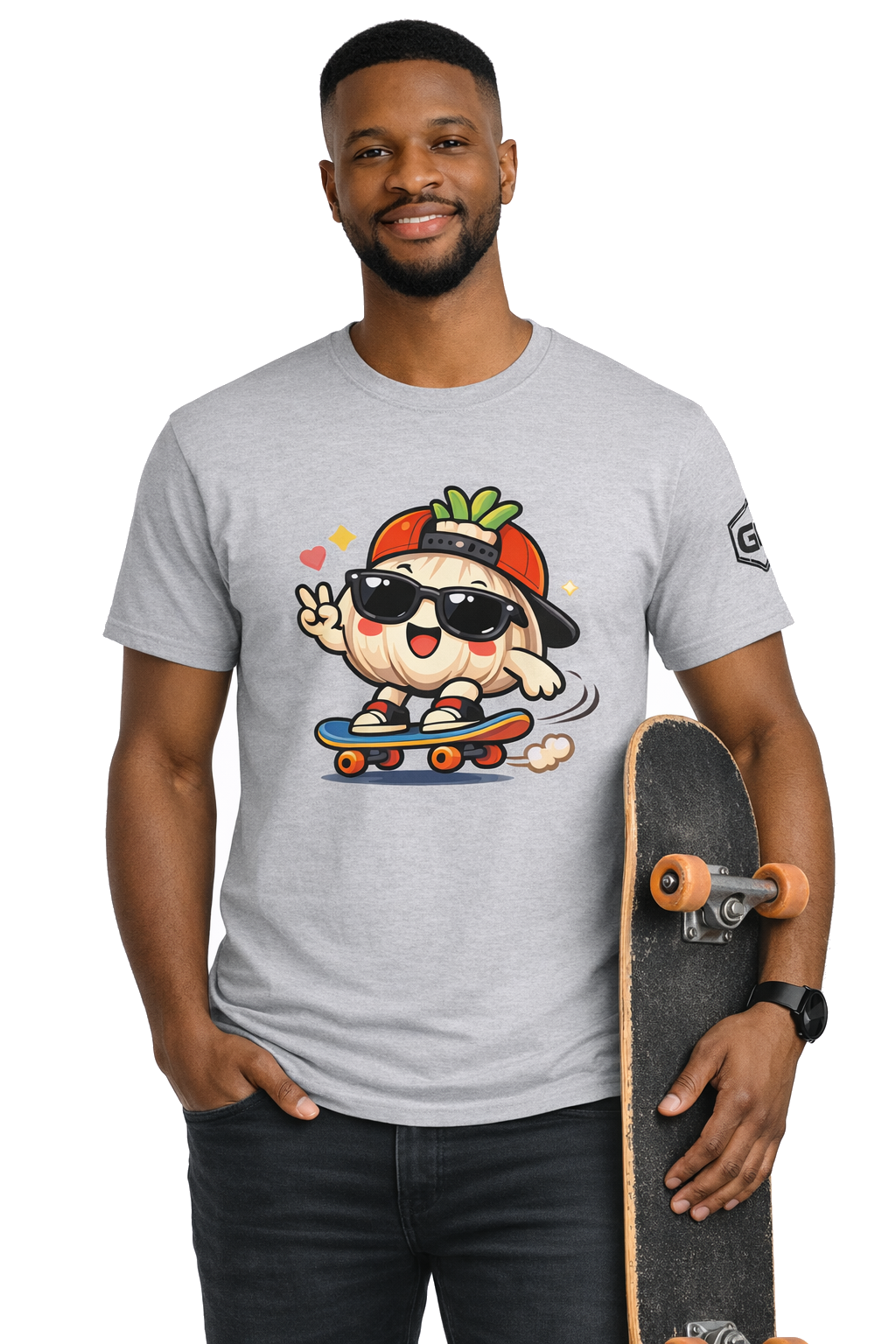 model:2:m | Knoblauch Skater T-Shirt – Modelfoto in Sportgrau – Mann