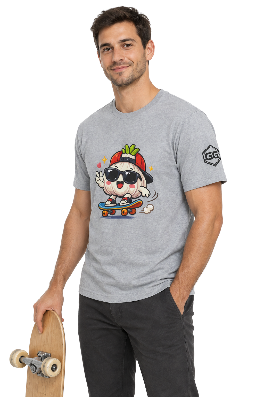 model:2:m | Knoblauch Skater T-Shirt – Modelfoto in Sportgrau – Mann