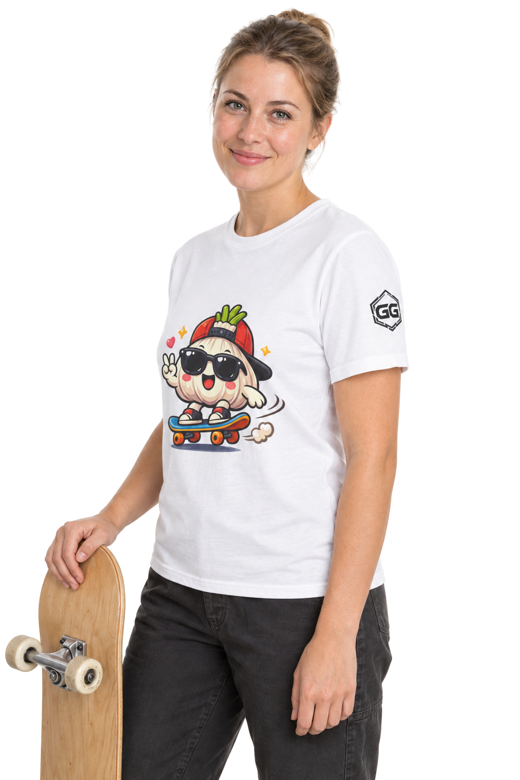 model:0:f | Knoblauch Skater T-Shirt – Modelfoto in Weiß – Frau
