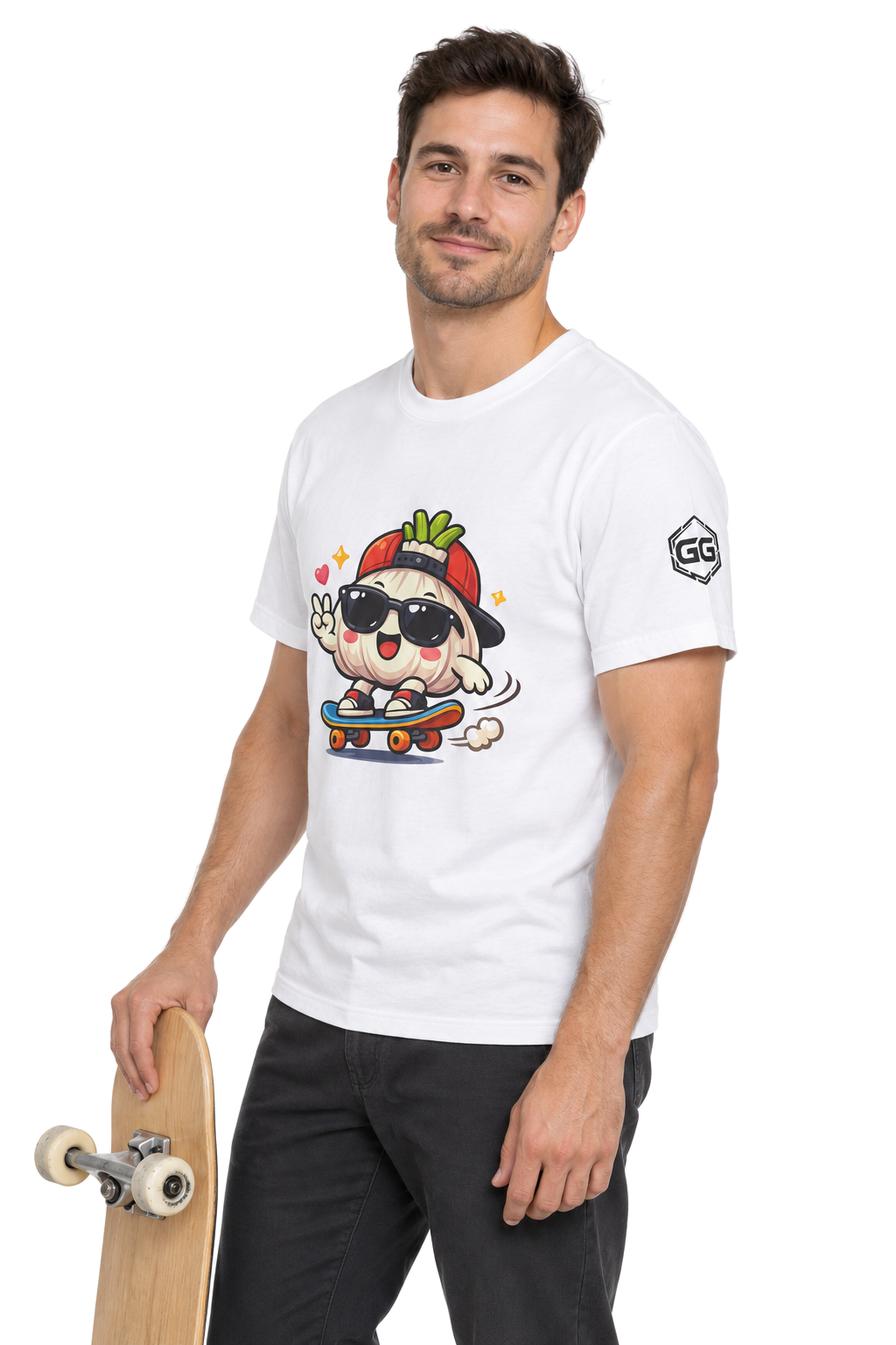 model:0:m | Knoblauch Skater T-Shirt – Modelfoto in Weiß – Mann