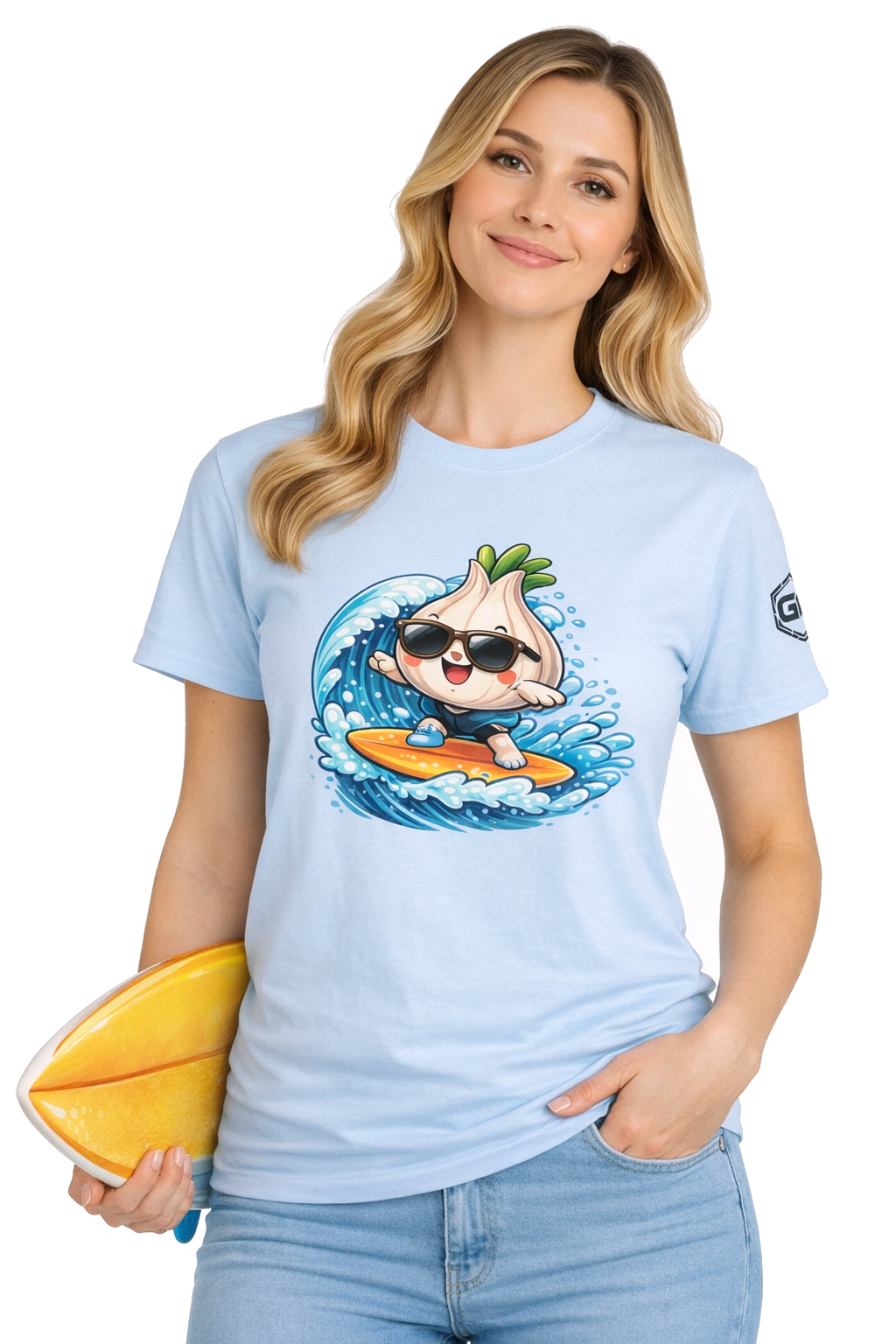 model:7:f | Garlic Surfer T-Shirt – Modelfoto in Hellblau – Frau
