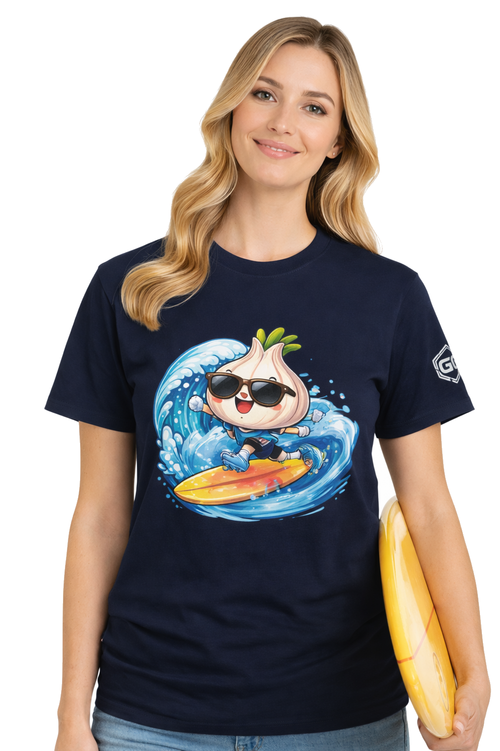 model:9:f | Garlic Surfer T-Shirt – Modelfoto in Navy – Frau