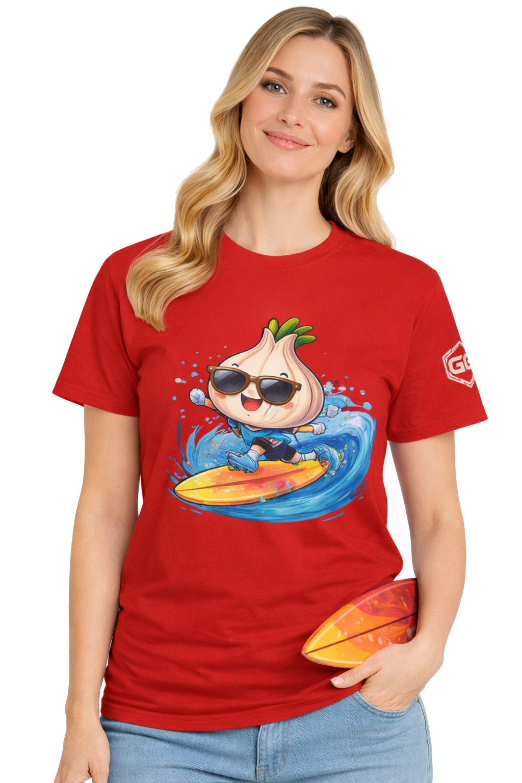model:10:f | Garlic Surfer T-Shirt – Modelfoto in Rot – Frau
