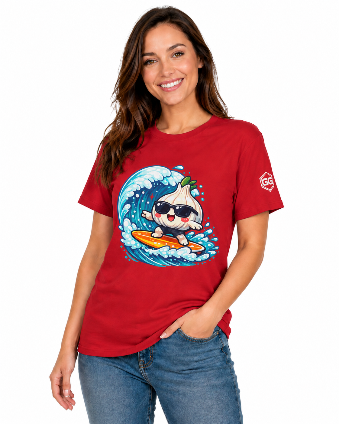 model:10:f | Garlic Surfer T-Shirt – Model photo in Red – Woman