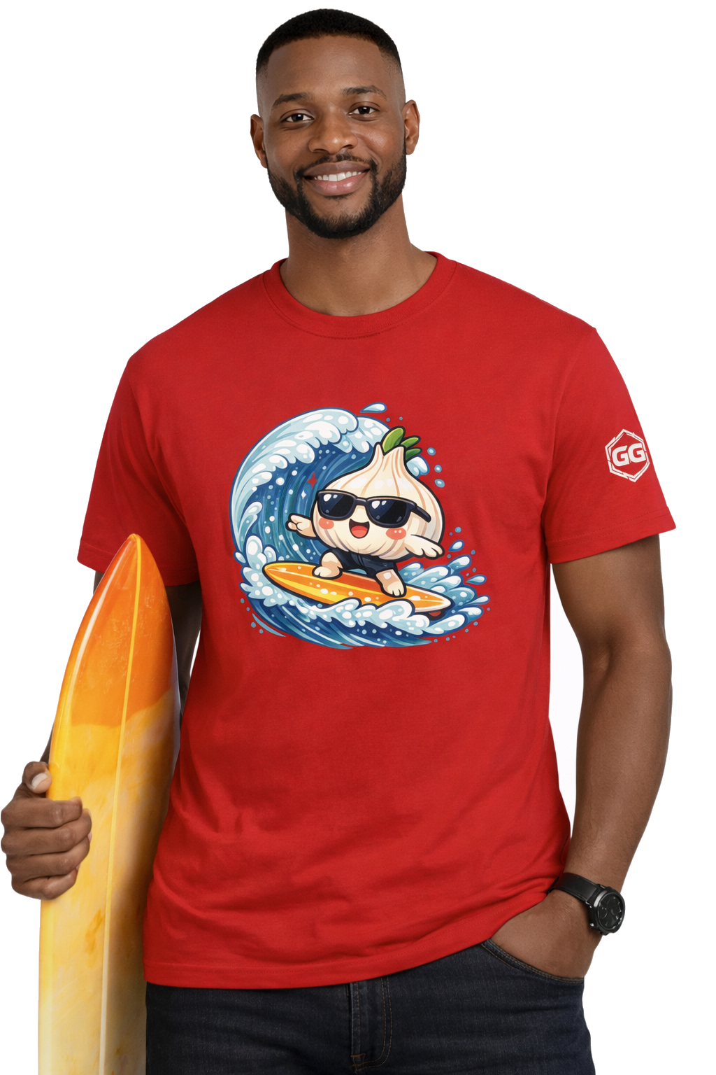 model:10:m | Garlic Surfer T-Shirt – Modelfoto in Rot – Mann