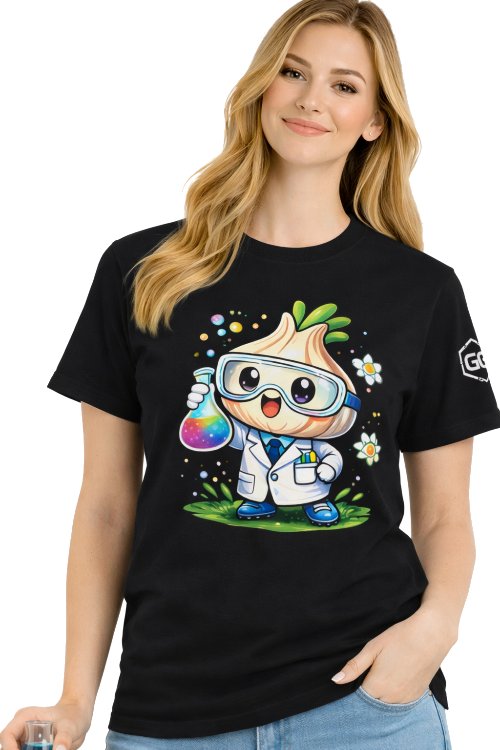 model:1:f | Garlic Scientist T-Shirt – Modelfoto in Schwarz – Frau