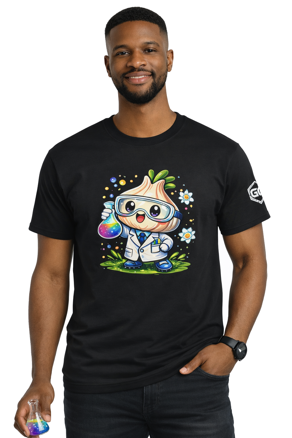 model:1:m | Garlic Scientist T-Shirt – Modelfoto in Schwarz – Mann