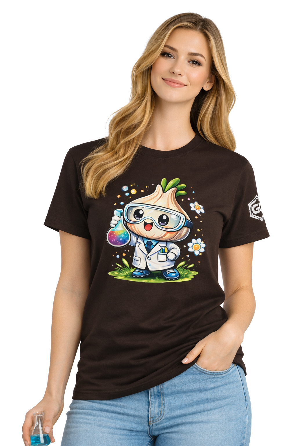 model:3:f | Garlic Scientist T-Shirt – Modelfoto in Dunkelbraun – Frau