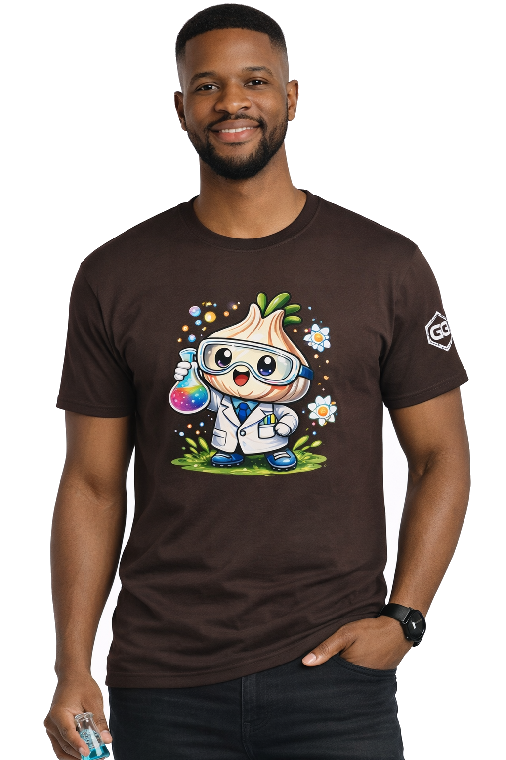model:3:m | Garlic Scientist T-Shirt – Modelfoto in Dunkelbraun – Mann