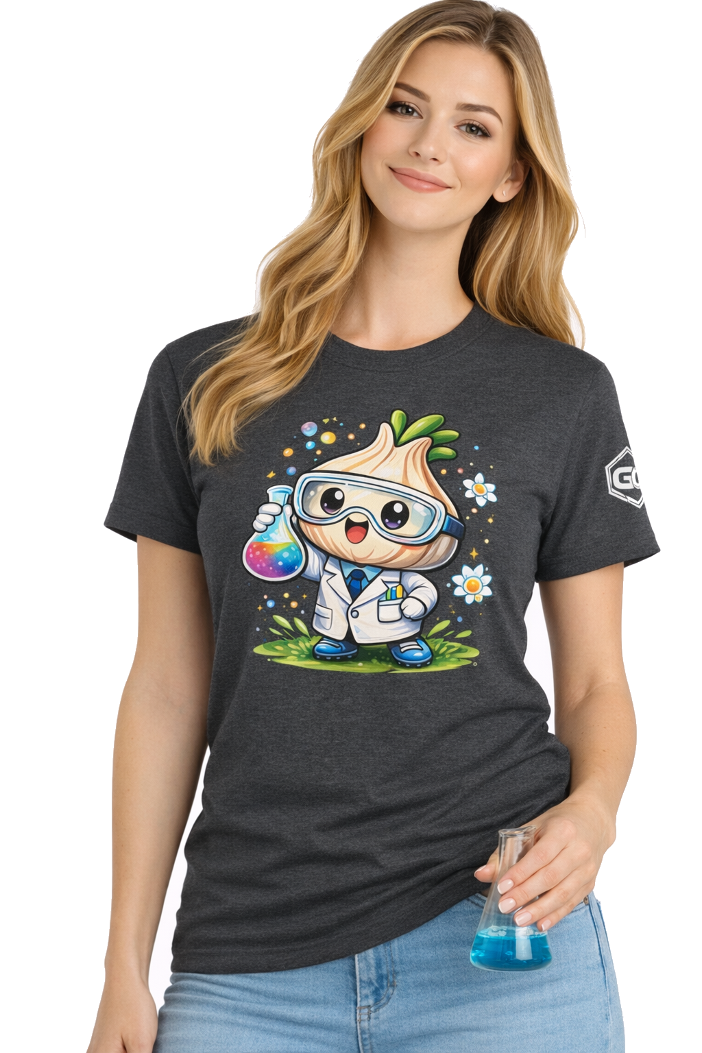 model:6:f | Garlic Scientist T-Shirt – Modelfoto in Dunkelmeliert – Frau