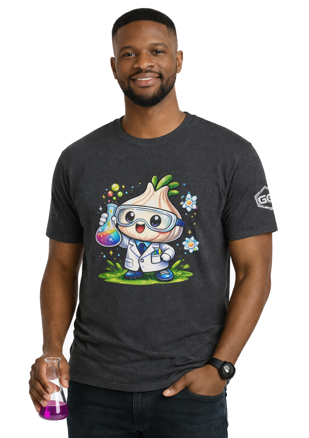 model:6:m | Garlic Scientist T-Shirt – Modelfoto in Dunkelmeliert – Mann