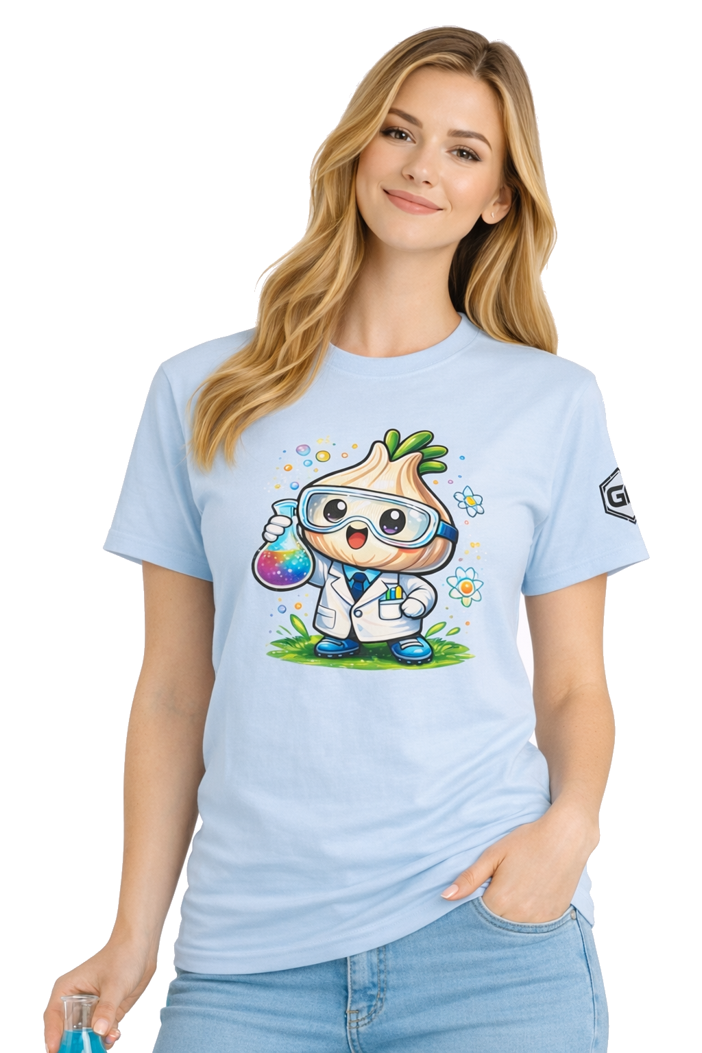 model:7:f | Garlic Scientist T-Shirt – Modelfoto in Hellblau – Frau