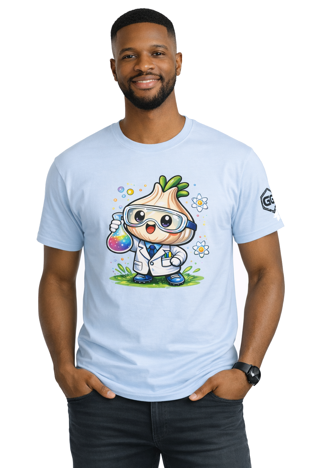 model:7:m | Garlic Scientist T-Shirt – Modelfoto in Hellblau – Mann