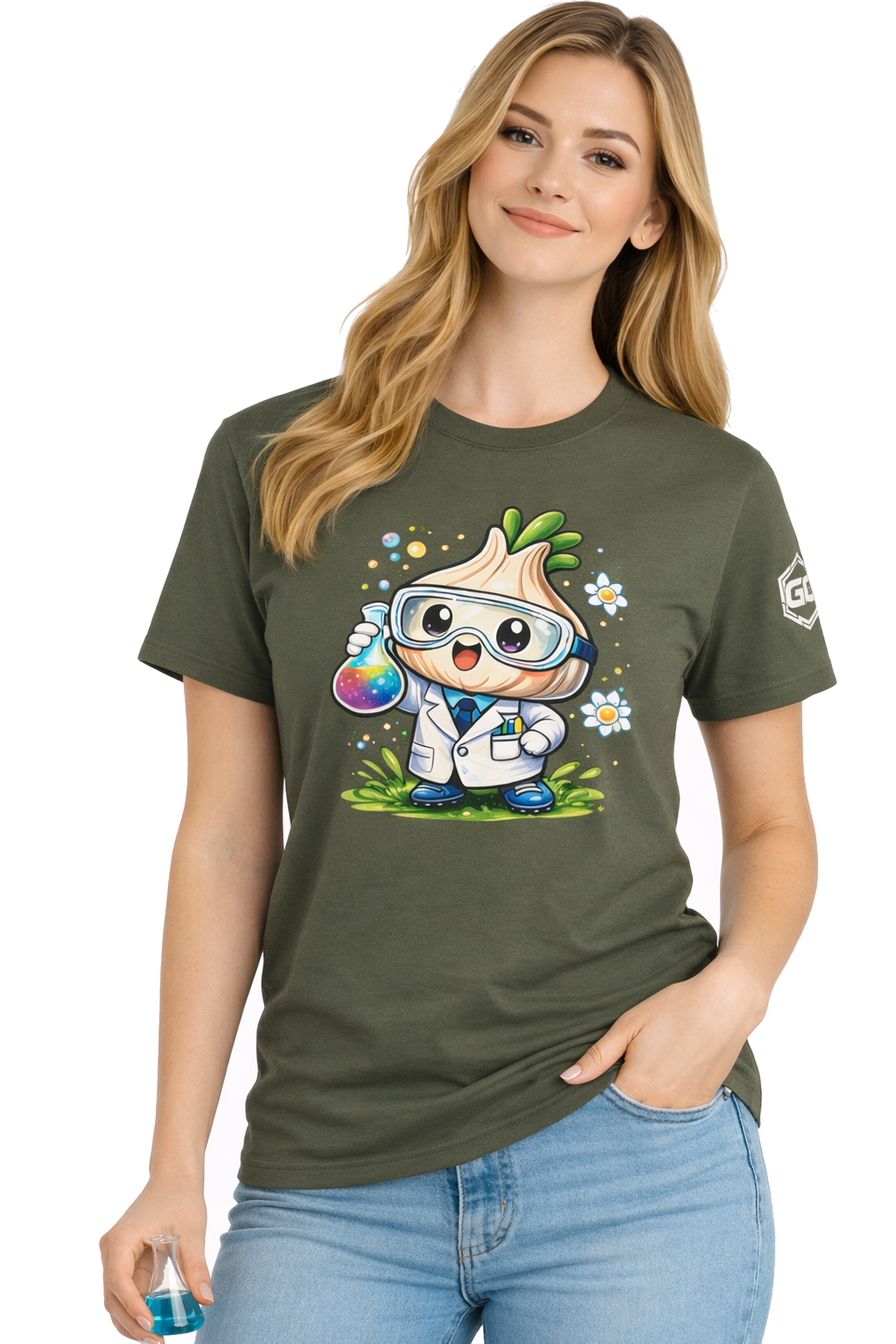 model:5:f | Garlic Scientist T-Shirt – Modelfoto in Militärgrün – Frau