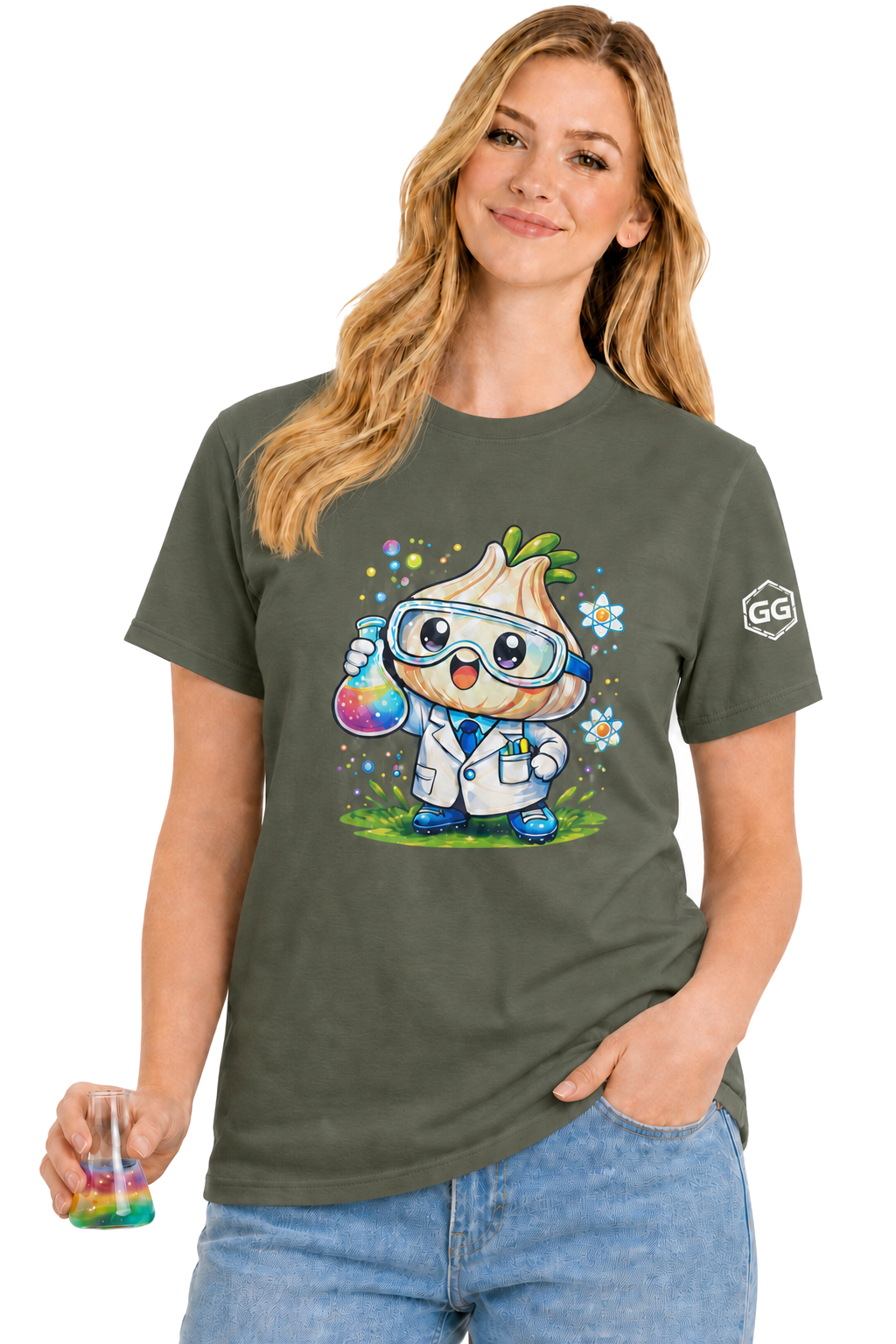 model:5:f | Garlic Scientist T-Shirt – Model photo in Military Green – Woman