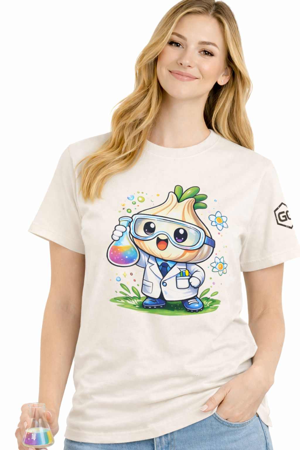 model:4:f | Garlic Scientist T-Shirt – Modelfoto in Natur – Frau
