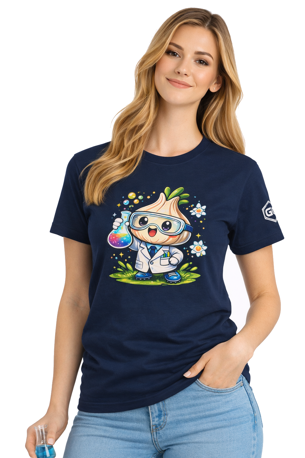 model:9:f | Garlic Scientist T-Shirt – Modelfoto in Navy – Frau