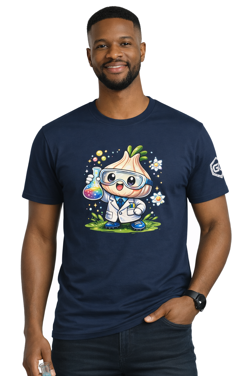 model:9:m | Garlic Scientist T-Shirt – Modelfoto in Navy – Mann